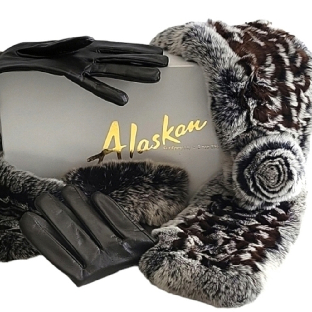 Alaskan Fur Knit Snow Top REX Scarf Headwrap + matching Lambskin LEA Gloves NWT